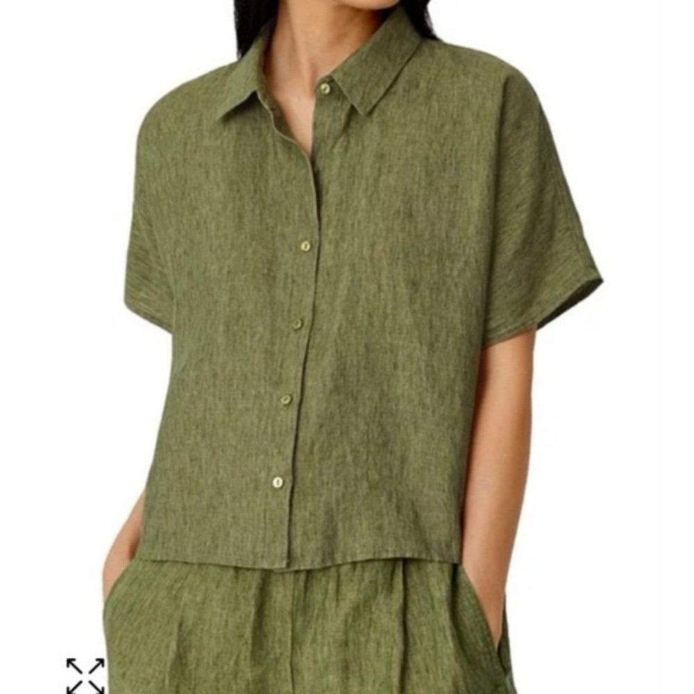 Eileen Fisher Washed Organic Linen Delave Short-Sleeve Shirt - Picture 2 of 6